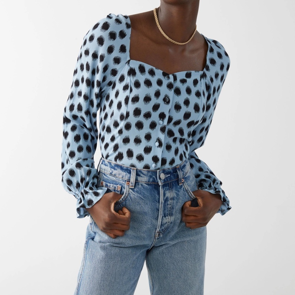 & OTHER STORIES Ruffled Cuff Button Up Top blue polka dot buttons back tie